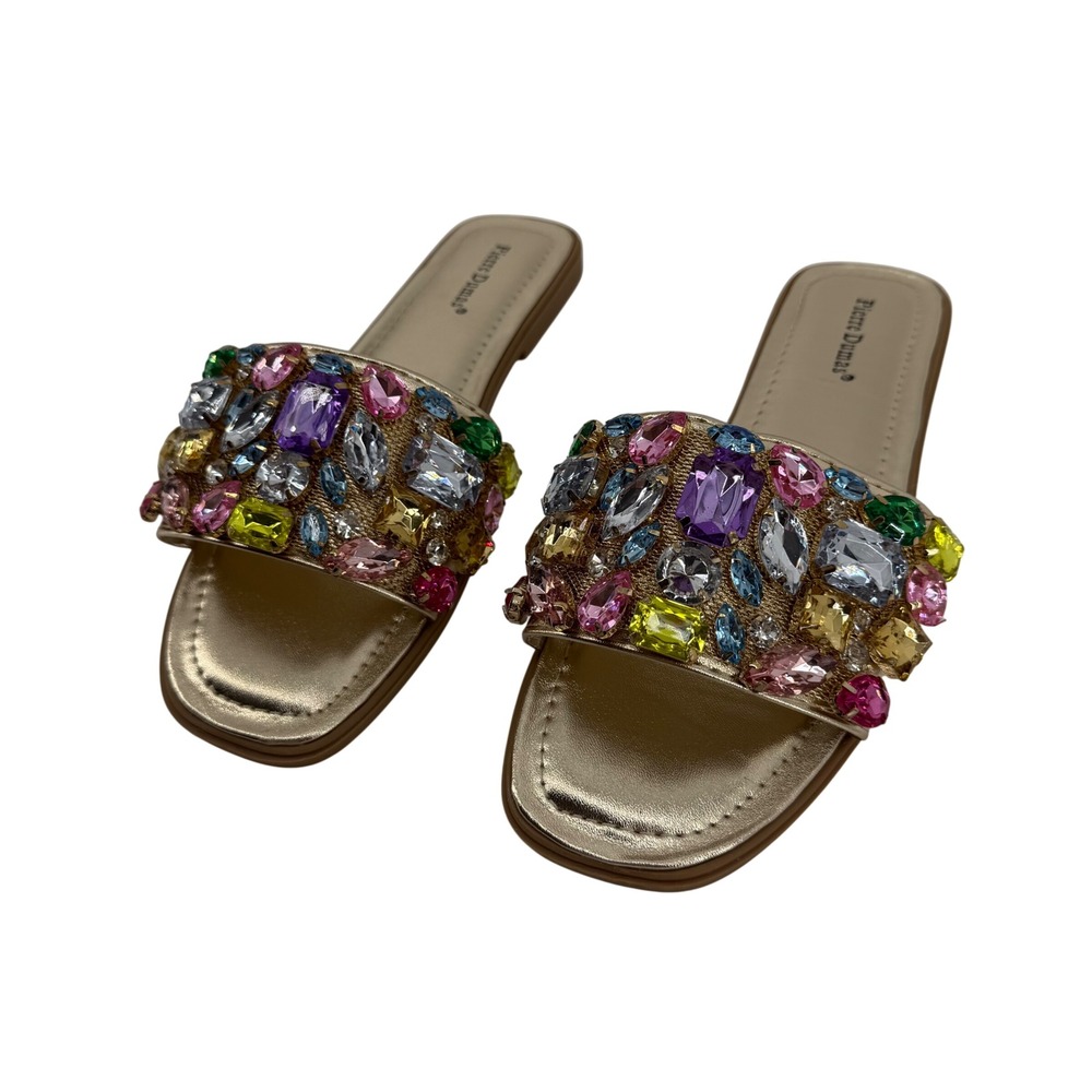 Pierre Dumas Empress-60 Gold Multi Jewel Embellished Slide Sandals Womens 8